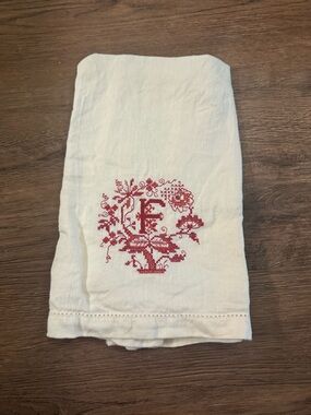 Embroidered Monogram F Linen Towel with Red Floral Motif